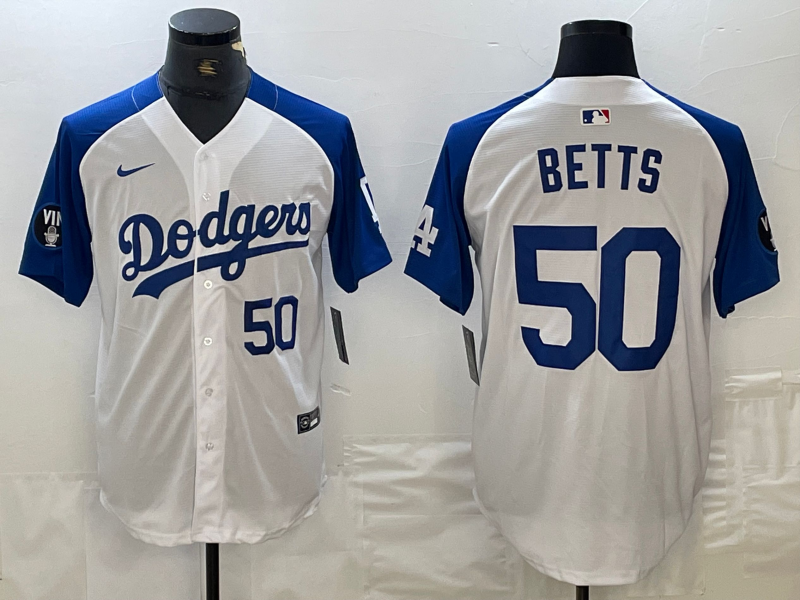 Men's Los Angeles Dodgers #50 Mookie Betts Number White Blue Fashion Stitched Cool Base Limited Jersey