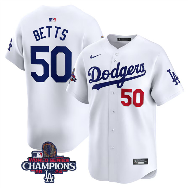 Men's Los Angeles Dodgers #50 Mookie Betts White 2024 World Series Champions Home Limited Stitched Baseball Jersey1