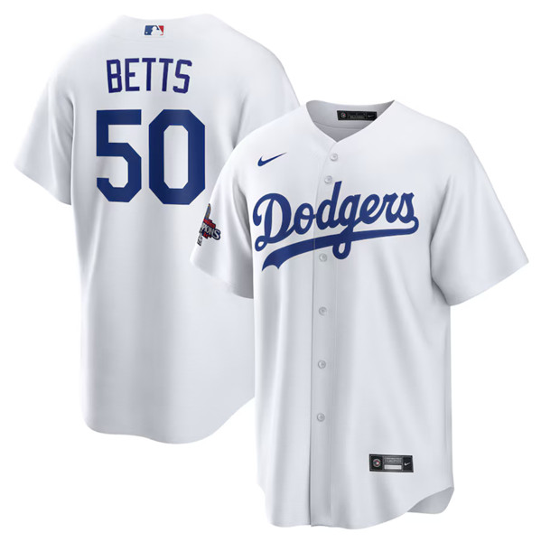 Men's Los Angeles Dodgers #50 Mookie Betts White 2024 World Series Champions Home Stitched Baseball Jersey