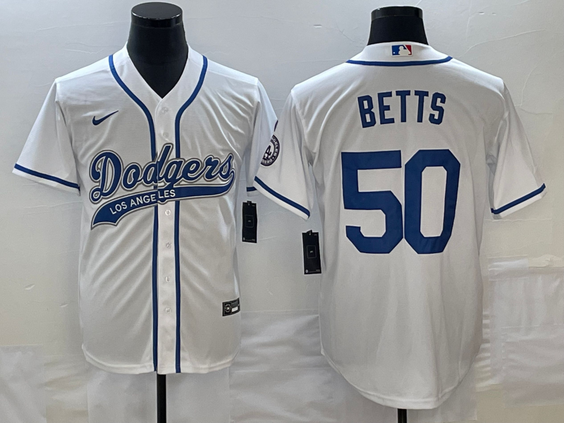 Men's Los Angeles Dodgers #50 Mookie Betts White With Patch Cool Base Stitched Baseball Jersey