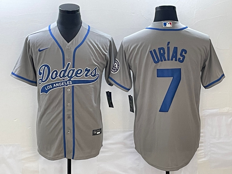 Men's Los Angeles Dodgers #7 Julio Urias Grey With Patch Cool Base Stitched Baseball Jersey1