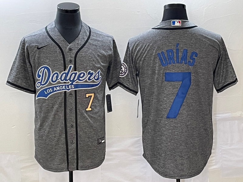 Men's Los Angeles Dodgers #7 Julio Urias Number Grey Gridiron Cool Base Stitched Baseball Jersey