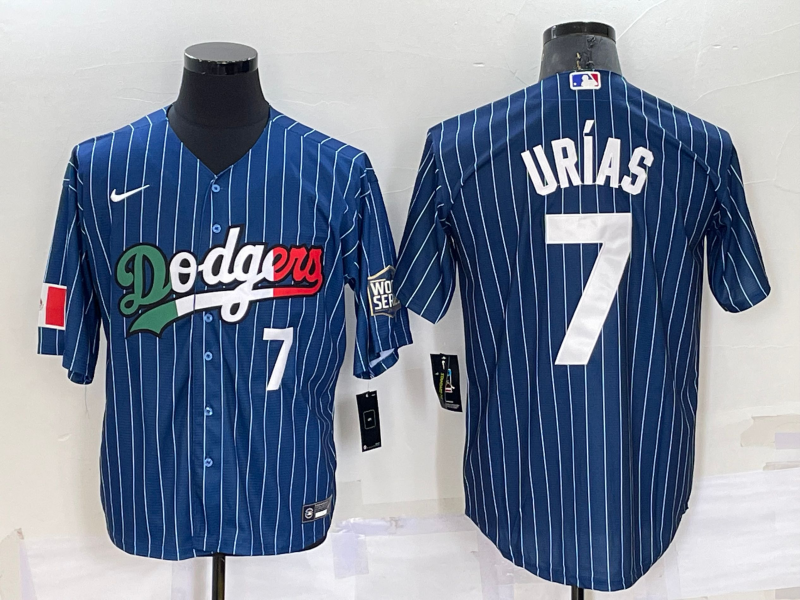 Men's Los Angeles Dodgers #7 Julio Urias Number Navy Blue Pinstripe 2020 World Series Cool Base Nike Jersey