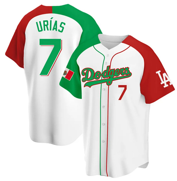 Men's Los Angeles Dodgers #7 Julio Urias White Mexican Heritage Cool Base Stitched Baseball Jersey