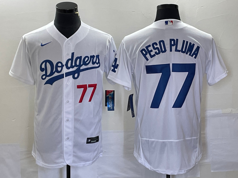 Men's Los Angeles Dodgers #77 Peso Pluma Number White Stitched Flex Base Nike Jersey