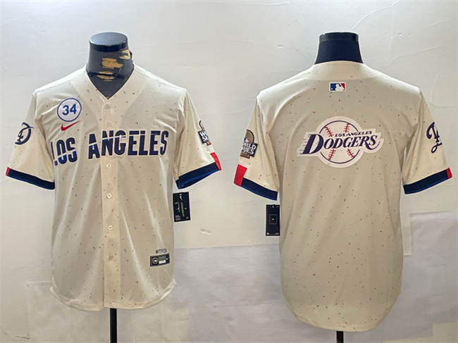 Men's Los Angeles Dodgers Team Big Logo Cream 2024 World Series With No. 34 Patch Limited Stitched Baseball Jersey