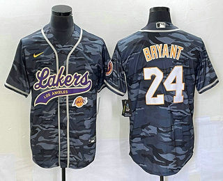 Men's Los Angeles Lakers #24 Kobe Bryant Black Camo With Patch Cool Base Stitched Baseball Jersey1