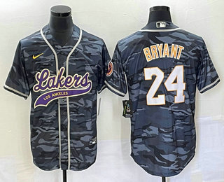 Men's Los Angeles Lakers #24 Kobe Bryant Black Camo With Patch Cool Base Stitched Baseball Jersey2