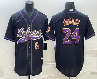 Men's Los Angeles Lakers #8 #24 Kobe Bryant Number Black With Patch Cool Base Stitched Baseball Jersey