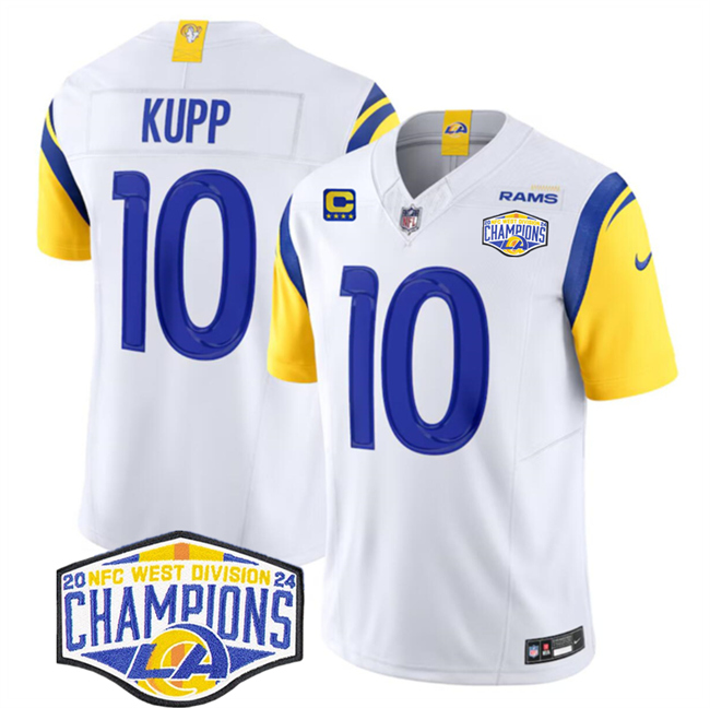 Men's Los Angeles Rams #10 Cooper Kupp White 2024 NFC West Champions With 4-Star C Patch F.U.S.E. Vapor Untouchable Stitched Football Jersey