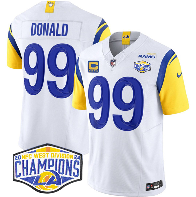 Men's Los Angeles Rams #99 Aaron Donald White 2024 NFC West Champions With 4-Star C Patch F.U.S.E. Vapor Untouchable Stitched Football Jersey