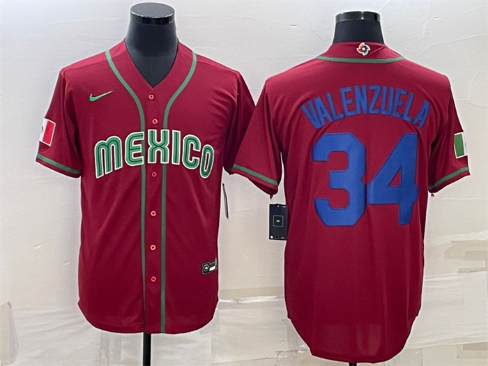 Men's Mexico Baseball #34 Fernando Valenzuela 2023 Red Blue World Baseball Classic Stitched Jersey