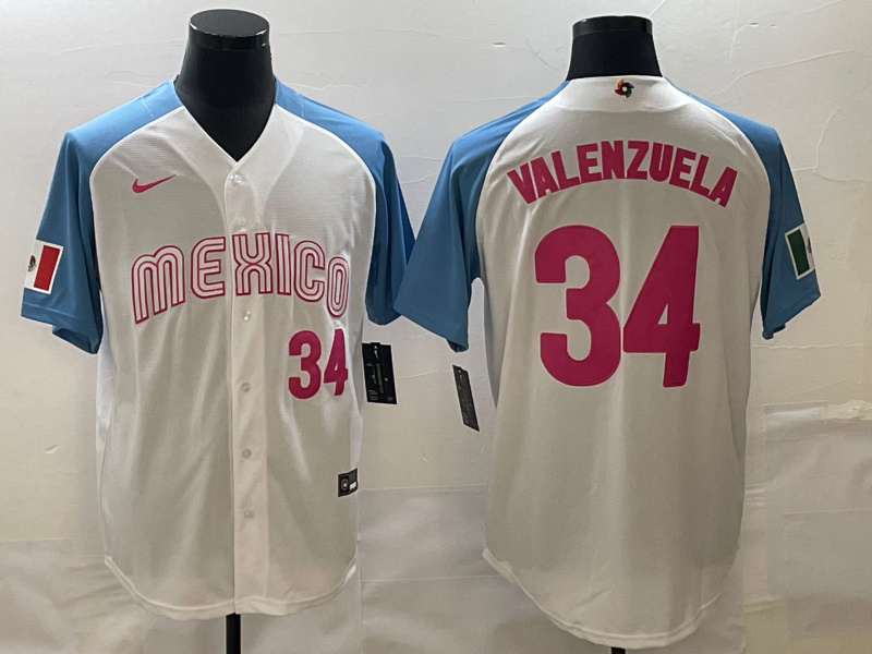 Men's Mexico Baseball #34 Fernando Valenzuela 2023 White Blue World Baseball Classic Stitched Jersey