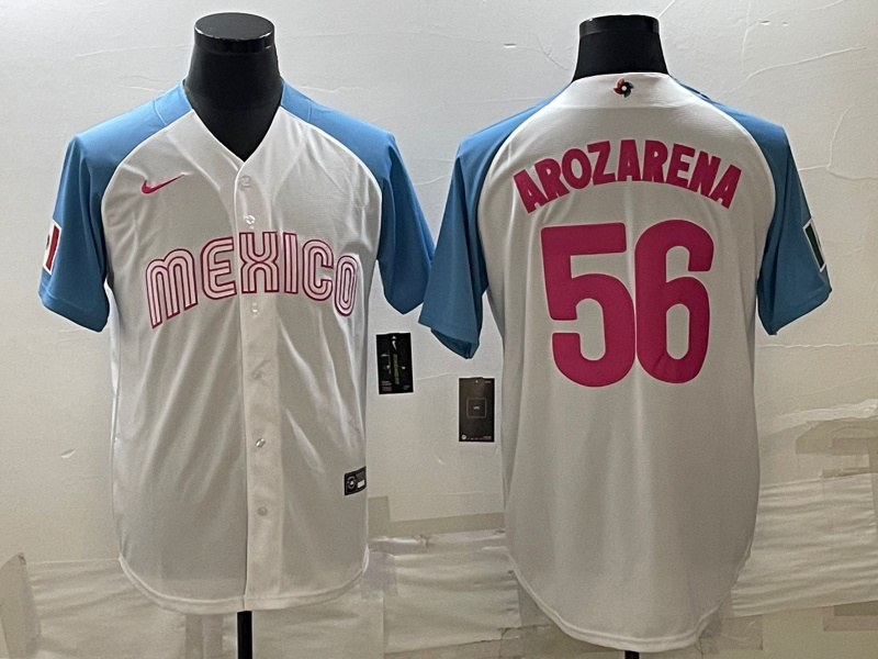 Men's Mexico Baseball #56 Randy Arozarena 2023 White Blue World Baseball Classic Stitched JerseyS 2