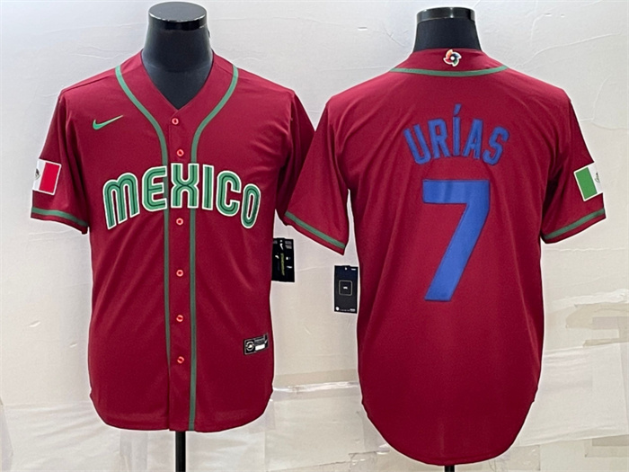 Men's Mexico Baseball #7 Julio Urías 2023 Red Blue World Baseball Classic Replica Stitched Jersey