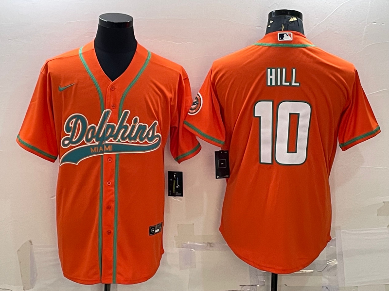 Men's Miami Dolphins #10 Tyreek Hill Orange With Patch Cool Base Stitched Baseball Jersey