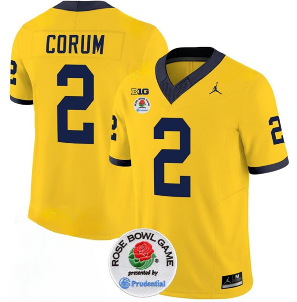 Men's Michigan Wolverines #2 Blake Corum 2023 F.U.S.E. Yellow Rose Bowl Patch Stitched Jersey