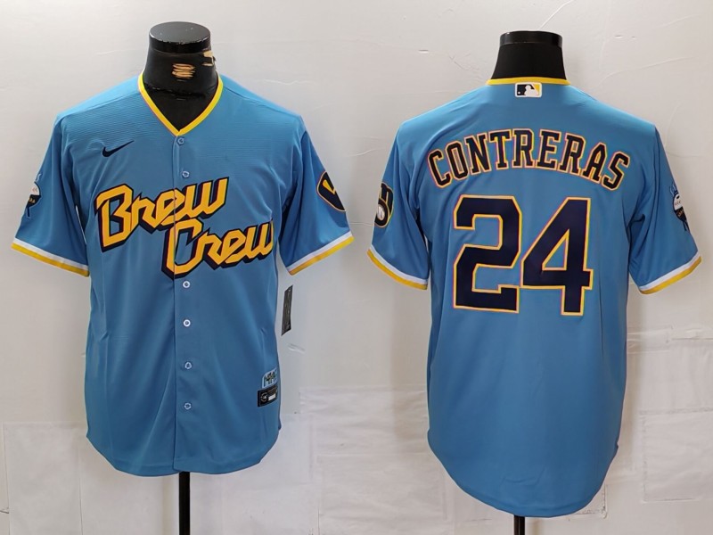 Men's Milwaukee Brewers #24 William Contreras Blue 2022 City Connect Cool Base Stitched Jersey