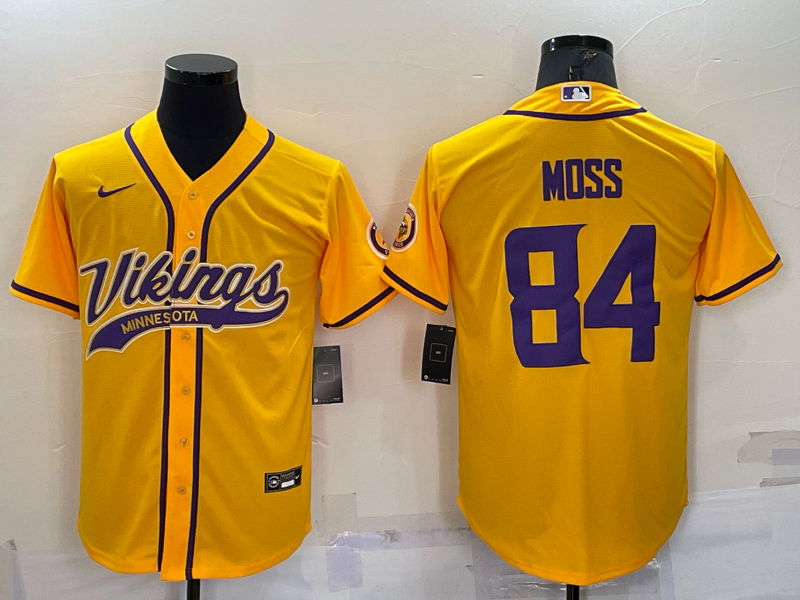 Men's Minnesota Vikings #84 Randy Moss Yellow With Patch Cool Base Stitched Baseball Jersey