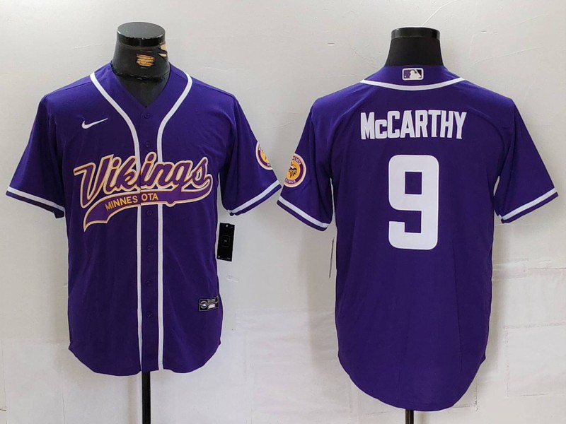 Men's Minnesota Vikings #9 JJ McCarthy Purple Cool Base Stitched Baseball Jersey