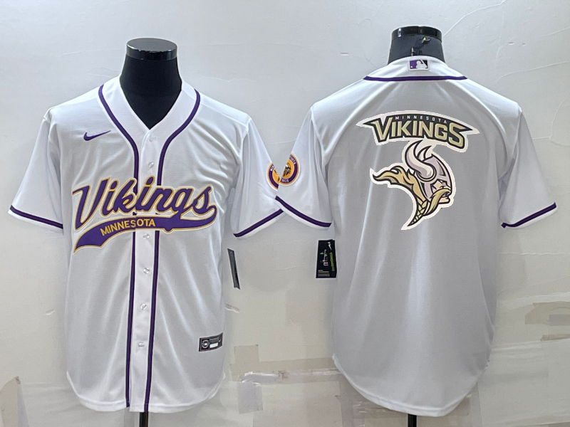 Men's Minnesota Vikings White Team Big Logo With Patch Cool Base Stitched Baseball Jersey