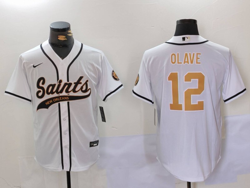 Men's New Orleans Saints #12 Chris Olave White Cool Base Stitched Baseball Jersey