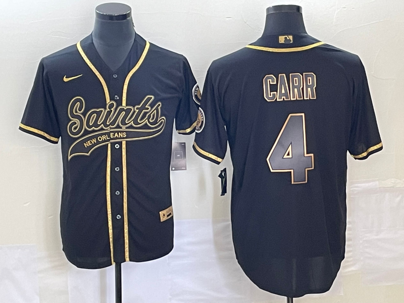 Men's New Orleans Saints #4 Derek Carr Black Gold With Patch Cool Base Stitched Baseball Jersey