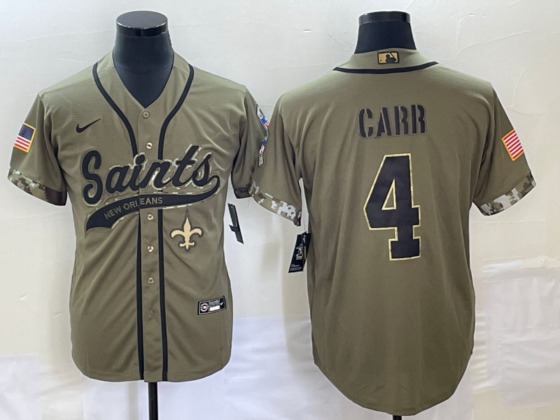 Men's New Orleans Saints #4 Derek Carr Olive 2022 Salute To Service Cool Base Stitched Baseball Jersey