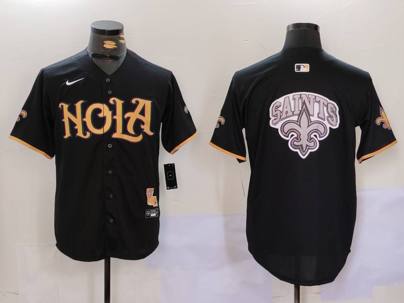 Men's New Orleans Saints Team Big Logo Black Cool Base Stitched Baseball Jersey