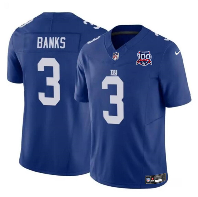 Men's New York Giants #3 Deonte Banks Blue 2024 F.U.S.E. 100TH Season Patch Vapor Untouchable Limited Stitched Jersey