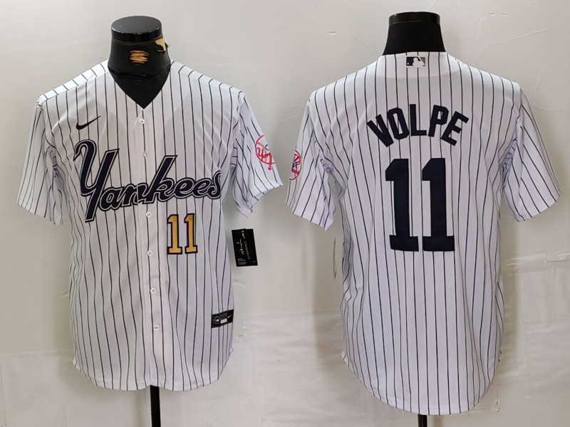 Men's New York Yankees #11 Anthony Volpe White Pinstripe Fashion Cool Base Jerseys
