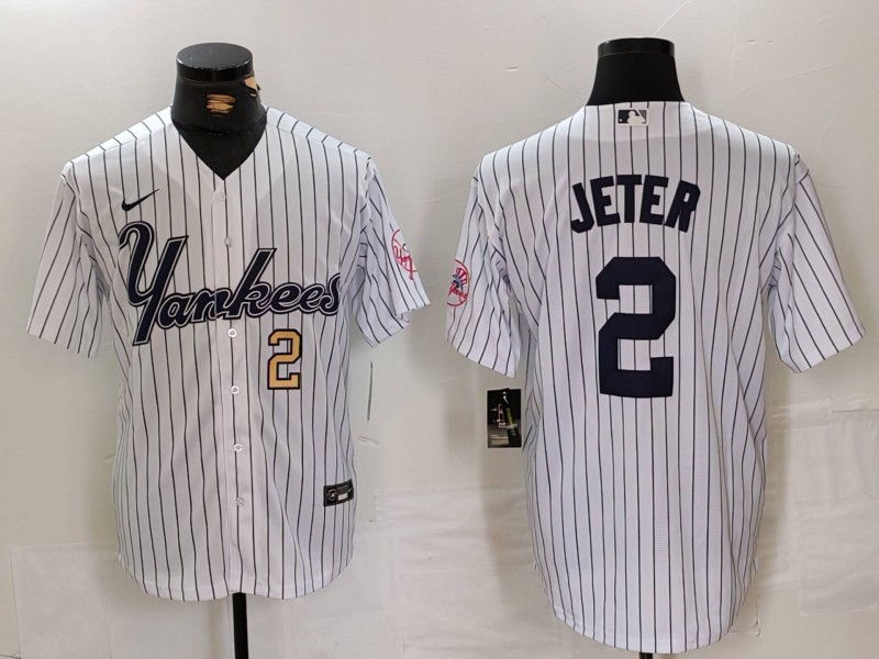 Men's New York Yankees #2 Derek Jeter White Pinstripe Fashion Cool Base Jerseys