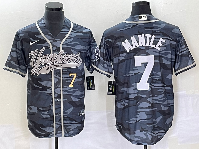 Men's New York Yankees #7 Mickey Mantle Number Grey Camo Cool Base With Patch Stitched Baseball Jersey