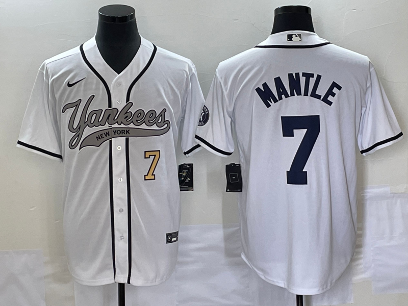 Men's New York Yankees #7 Mickey Mantle Number White With Patch Cool Base Stitched Baseball Jersey