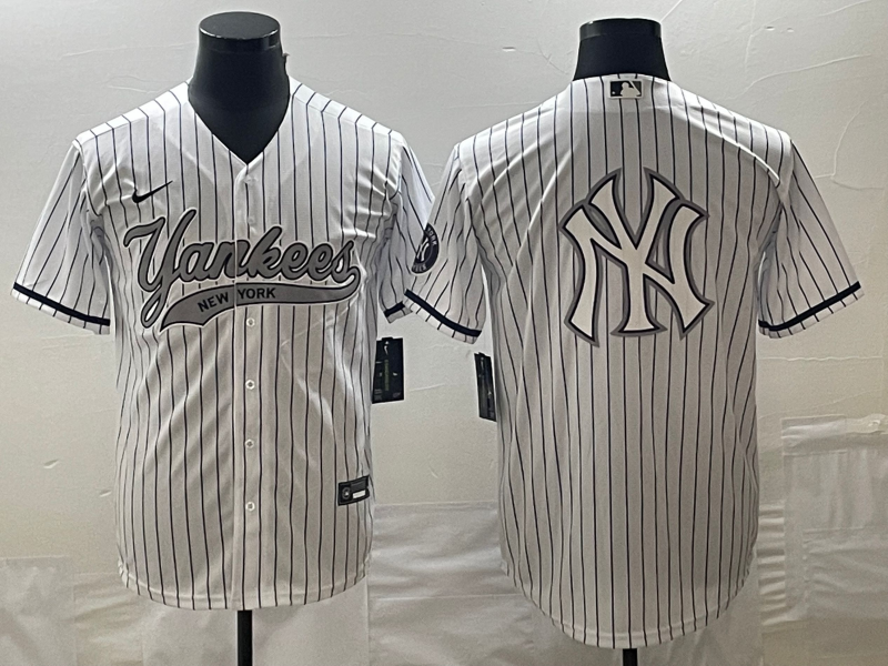 Men's New York Yankees Big Logo White Pinstripe Cool Base Stitched Baseball Jerseys