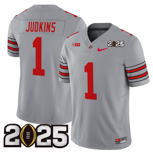 Men's Ohio State Buckeyes #1 Quinshon Judkins Grey 2025 CFP Final Patch F.U.S.E. Vapor Limited Stitched Football Jersey