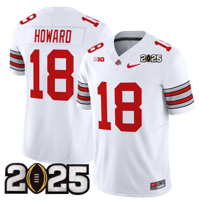 Men's Ohio State Buckeyes #18 Will Howard White 2025 CFP Final Patch F.U.S.E. Vapor Limited Stitched Football Jersey