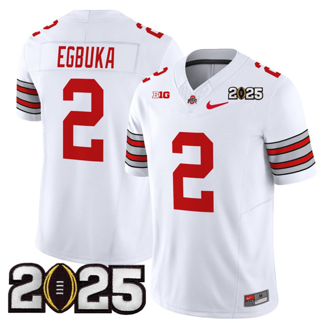 Men's Ohio State Buckeyes #2 Emeka Egbuka White 2025 CFP Final Patch F.U.S.E. Vapor Limited Stitched Football Jersey