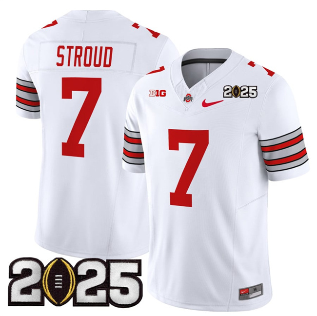 Men's Ohio State Buckeyes #7 C.J. Stroud White 2025 CFP Final Patch F.U.S.E. Vapor Limited Stitched Football Jersey