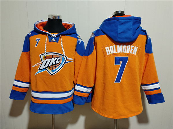 Men's Oklahoma City Thunder #7 Chet Holmgren Orange Blue Lace-Up Pullover Hoodie