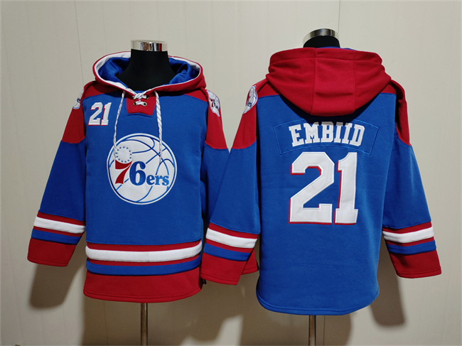 Men's Philadelphia 76ers #21 Joel Embiid Royal Red Lace-Up Pullover Hoodie