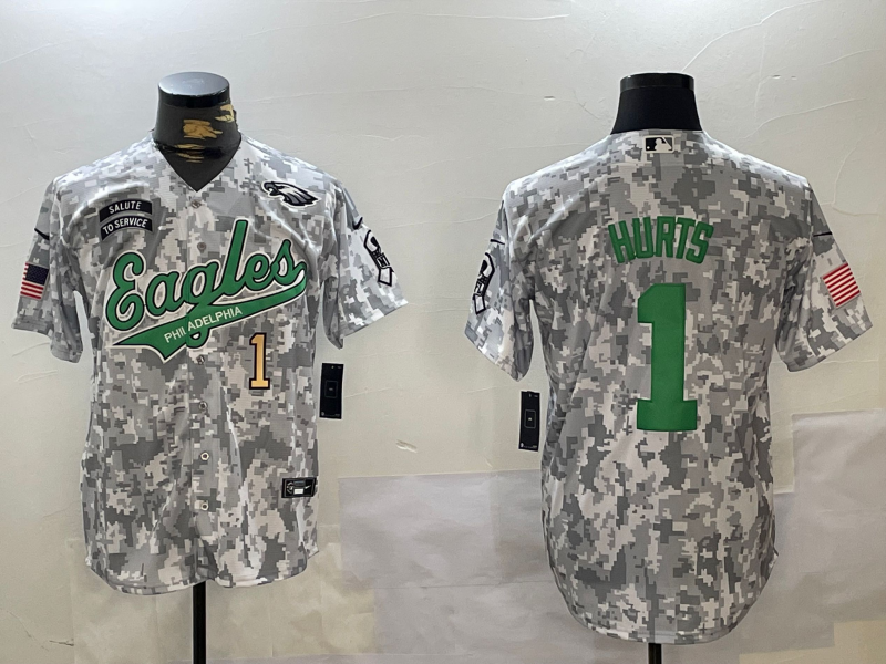 Men's Philadelphia Eagles #1 Jalen Hurts Arctic Camo 2024 Salute to Service Stitched Baseball Jerseys