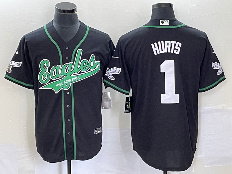 Men's Philadelphia Eagles #1 Jalen Hurts Black Cool Base Stitched Baseball Jersey1