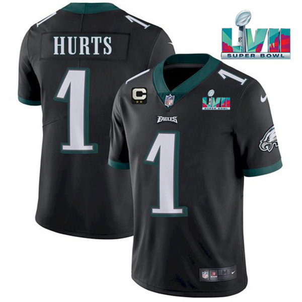 Men's Philadelphia Eagles #1 Jalen Hurts Black Super Bowl LVII Patch And 2-Star C Patch Vapor Untouchable Limited Stitched Jersey