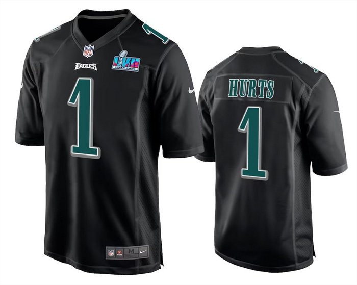 Men's Philadelphia Eagles #1 Jalen Hurts Black Super Bowl LVII Patch Stitched Game Jersey