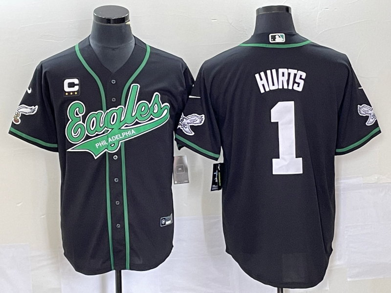 Men's Philadelphia Eagles #1 Jalen Hurts Black With C Patch Cool Base Stitched Baseball Jersey1