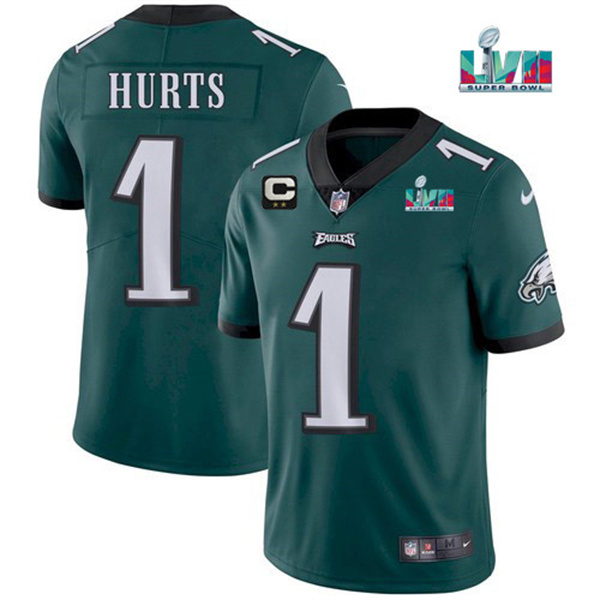 Men's Philadelphia Eagles #1 Jalen Hurts Green Super Bowl LVII Patch And 2-Star C Patch Vapor Untouchable Limited Stitched Jersey