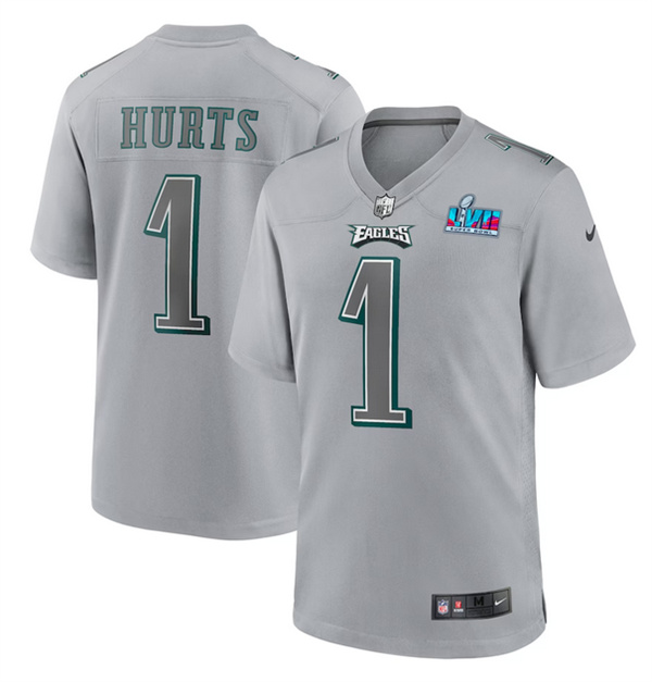 Men's Philadelphia Eagles #1 Jalen Hurts Grey Super Bowl LVII Patch Atmosphere Fashion Stitched Game Jersey