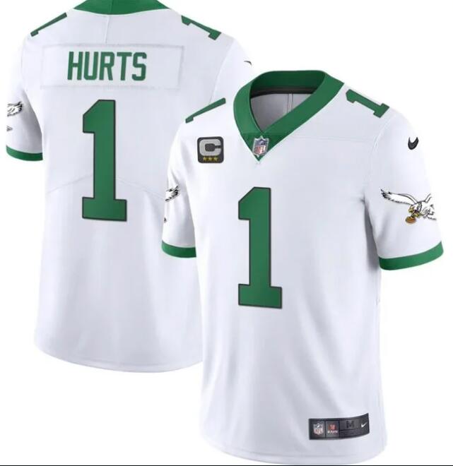 Men's Philadelphia Eagles #1 Jalen Hurts White Kelly Green With C Patch Jersey