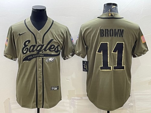 Men's Philadelphia Eagles #11 A. J. Brown Olive 2022 Salute To Service Cool Base Stitched Baseball Jersey